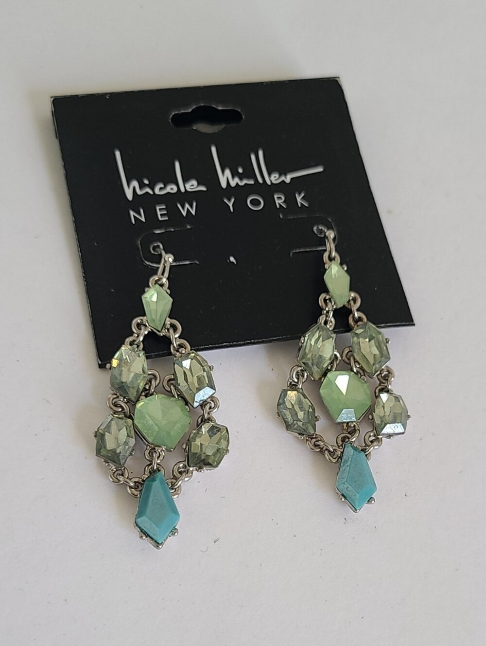 Nicole Miller Designer Silver Tone Green Blue Crystal Chandelier Drop Earrings